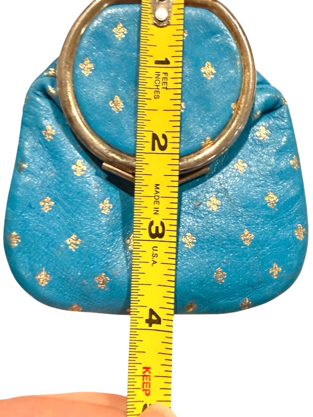 Vintage Made in Italy Genuine Leather Kiss Lock Mini Pouch Coin Purse Blue Gold - Picture 7 of 7